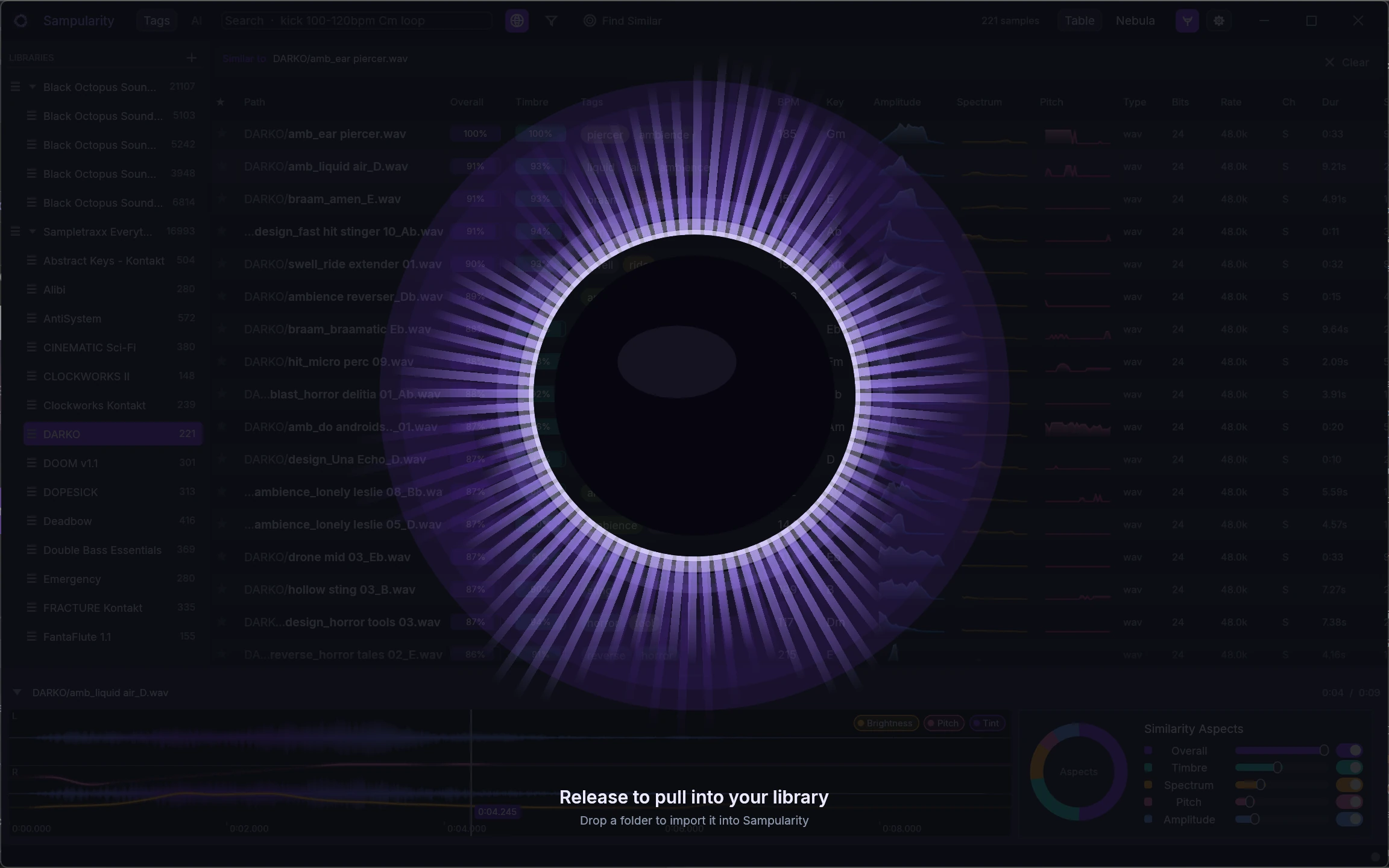 Sampularity's black-hole import overlay: release a dragged folder to pull it into the library