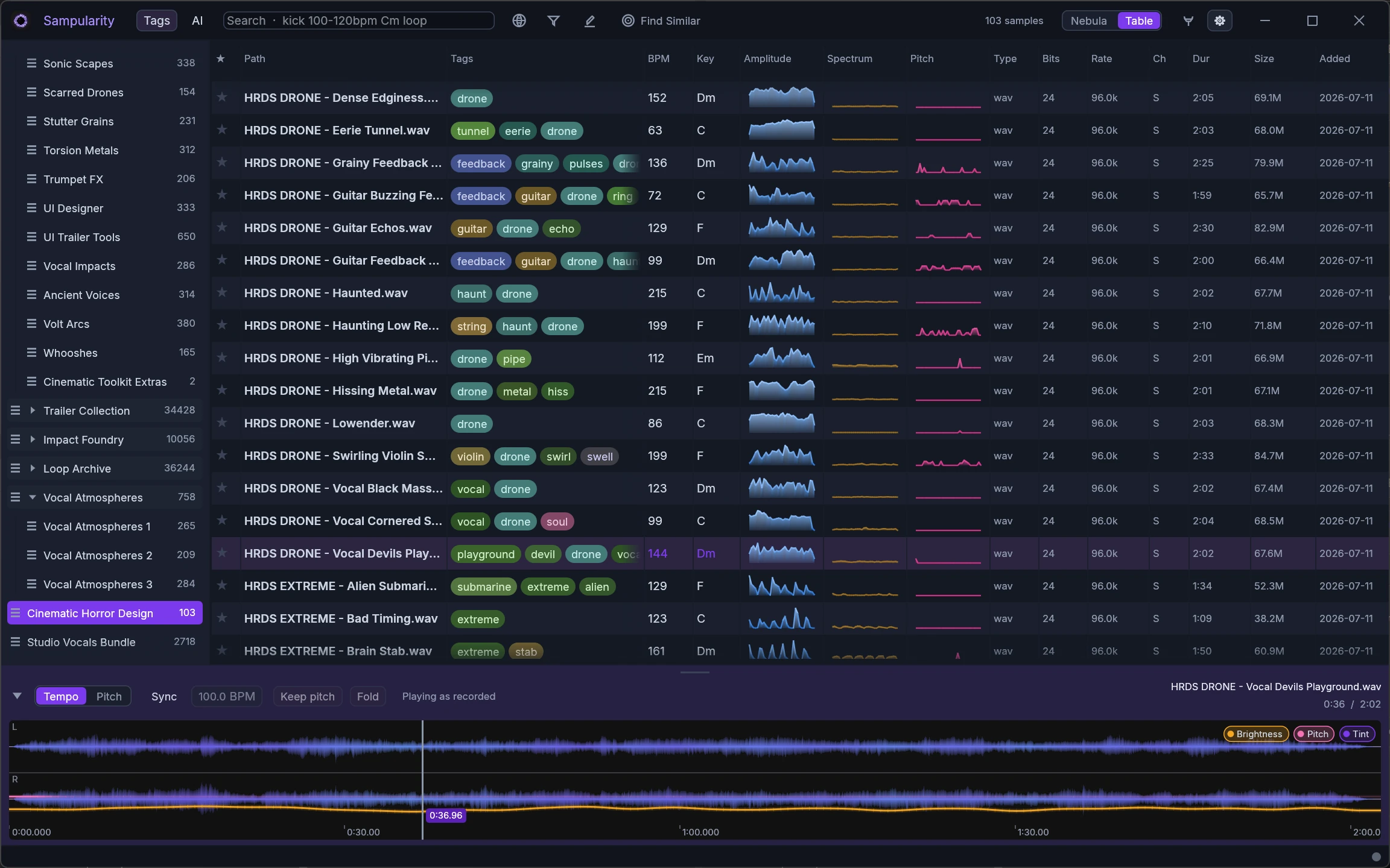 Sampularity sample browser table showing tags, BPM, key and waveform contour columns for a large sample library
