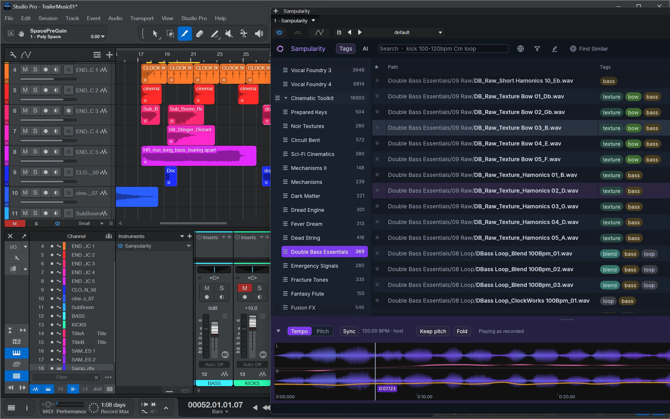 Sampularity running as a CLAP plug-in in a DAW, its browser window open above the arrangement and mixer, the transport row reading the host tempo