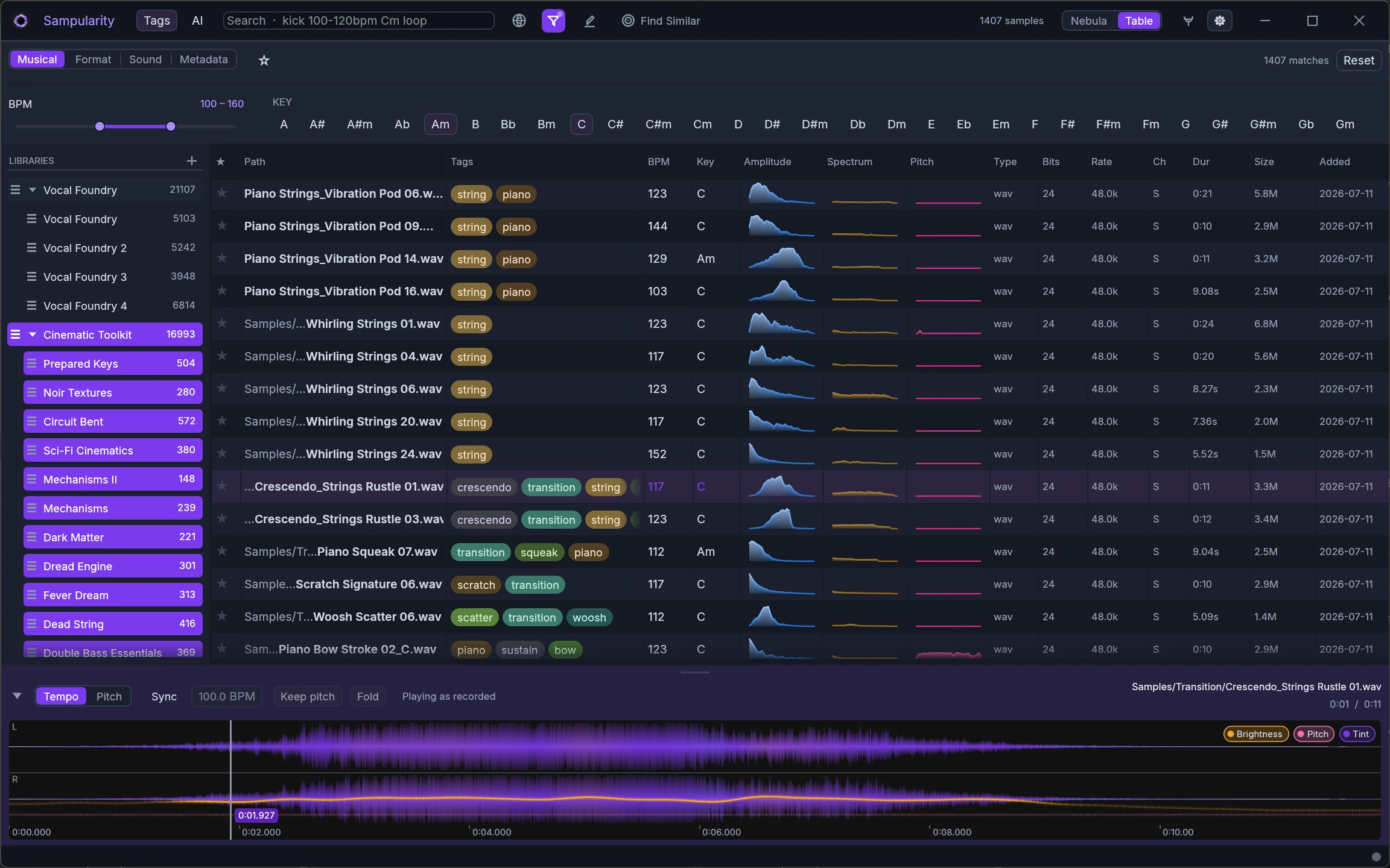 Sampularity attribute filter panel with BPM range slider and a musical key grid above the sample table